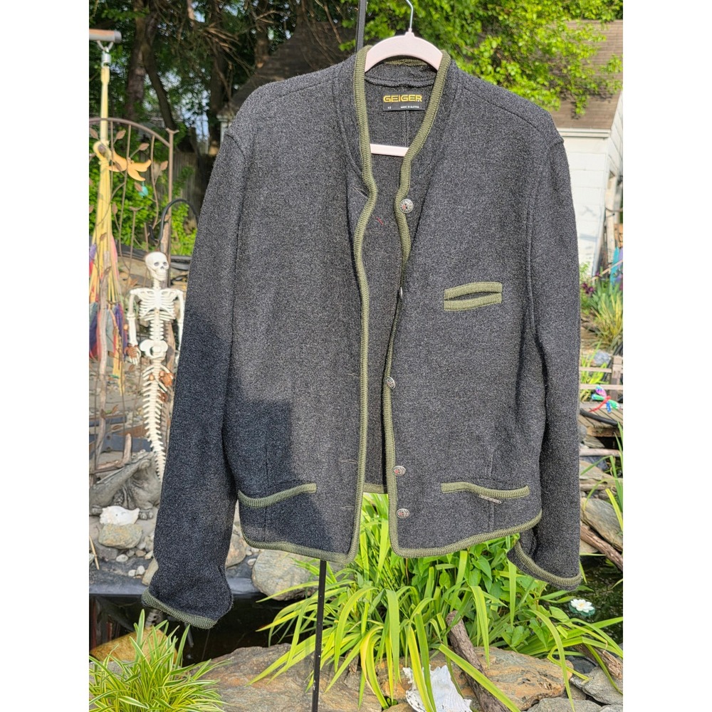 Geiger Austria Pure Boiled Wool Jacket Charcoal Grey Olive Green Trim Size 42